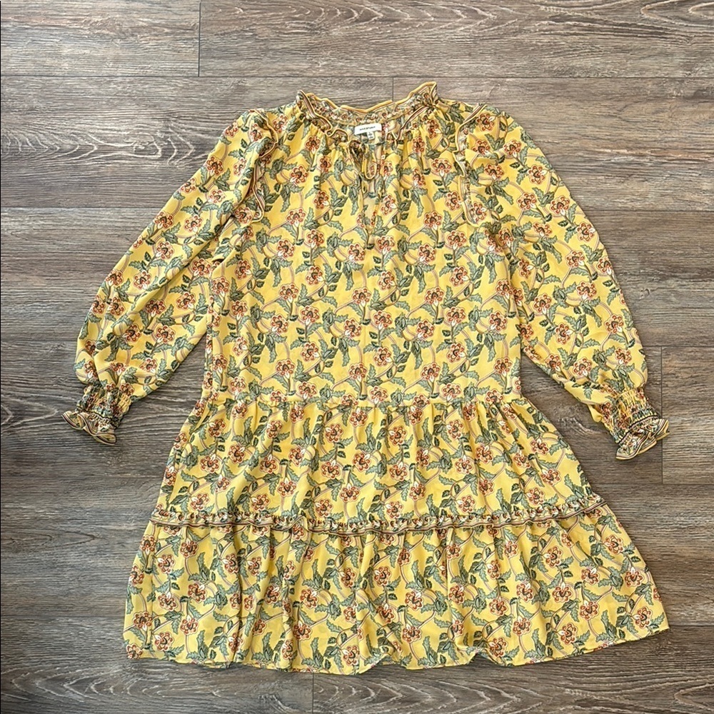 Max Studio Women's Size Large Floral Tiered Ruffle Hem Long Sleeve Dress Yellow